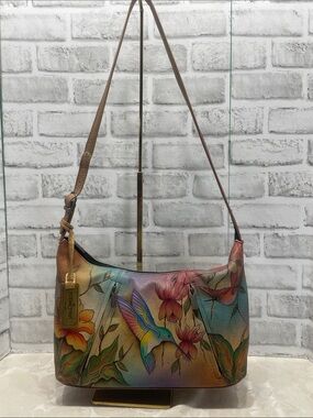 Anuschka Hand-Painted Hummingbird Shoulder Bag Multicolor Brown Strap. Pre-owned